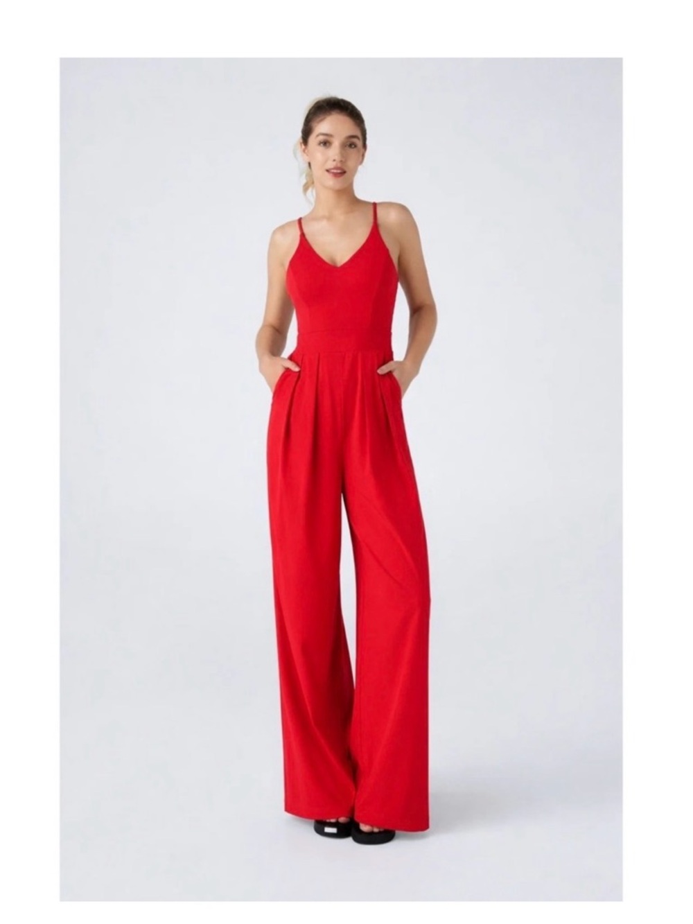 Halara Red V-Neck Wide-Leg Jumpsuit Stretchy Flowy Pockets Small NWOT